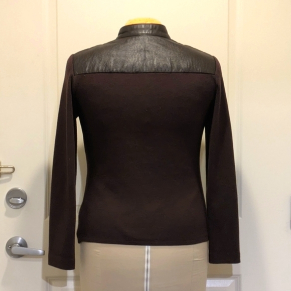 EUC 80s Tan Jay XL Leather and Knit Hook & Eye Front Stand Collar Sweater - Picture 6 of 8